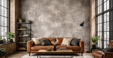 industrial loft living room with grey concrete effect wallpaper feature wall