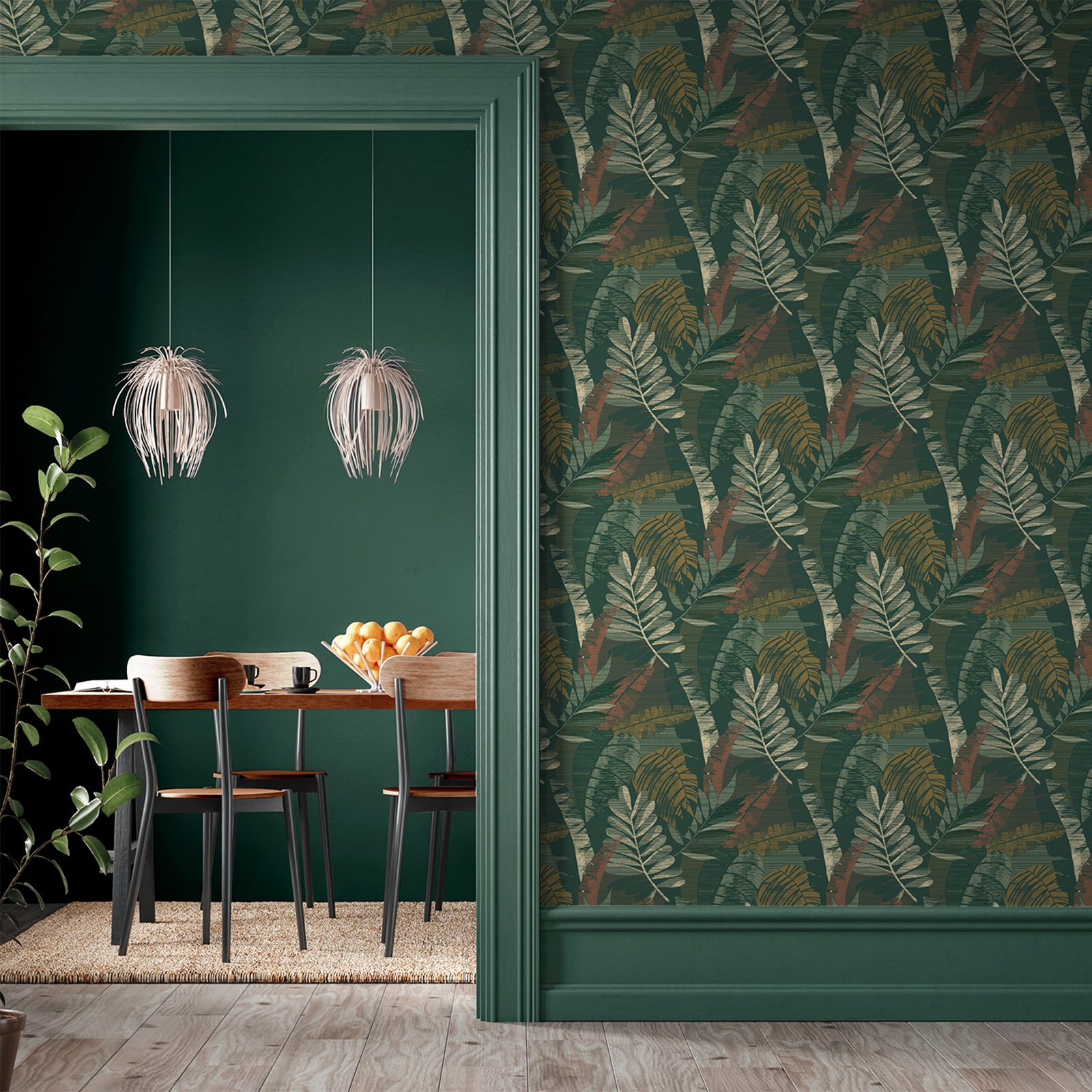 Sarika Leaves Green and Orange Wallpaper | Belgravia Wallpaper | 1603