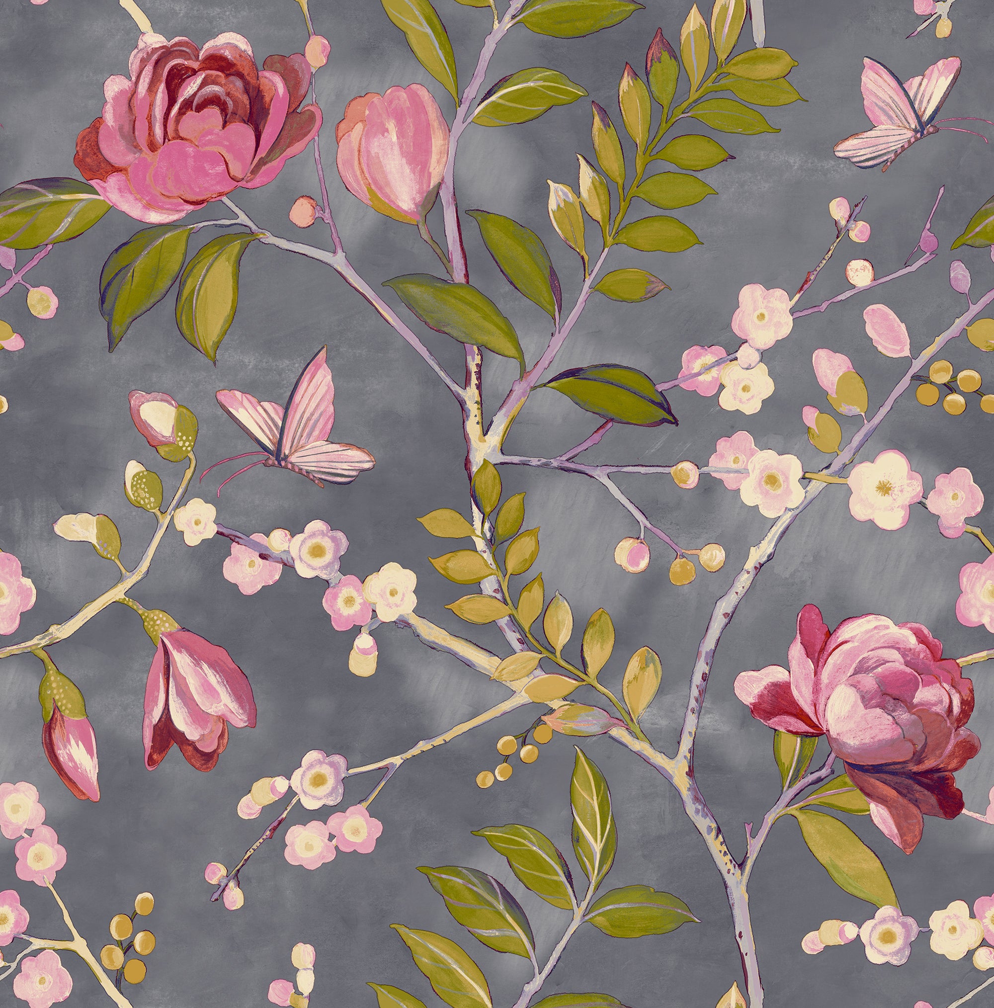 Lola Floral Charcoal & Pink Wallpaper | Grandeco Wallcoverings |197001