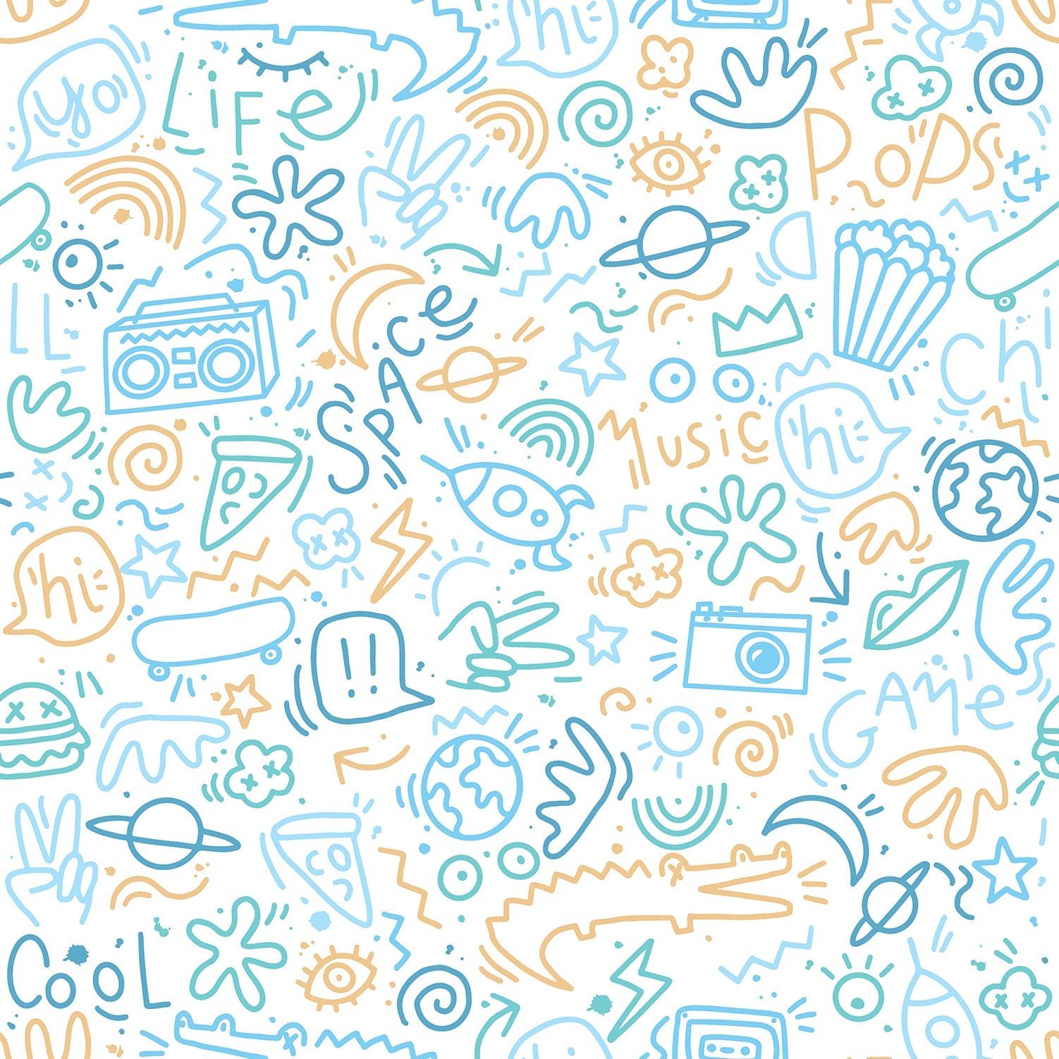 Doodle Blue & Yellow Wallpaper | WonderWall by Nobletts  | Ugepa