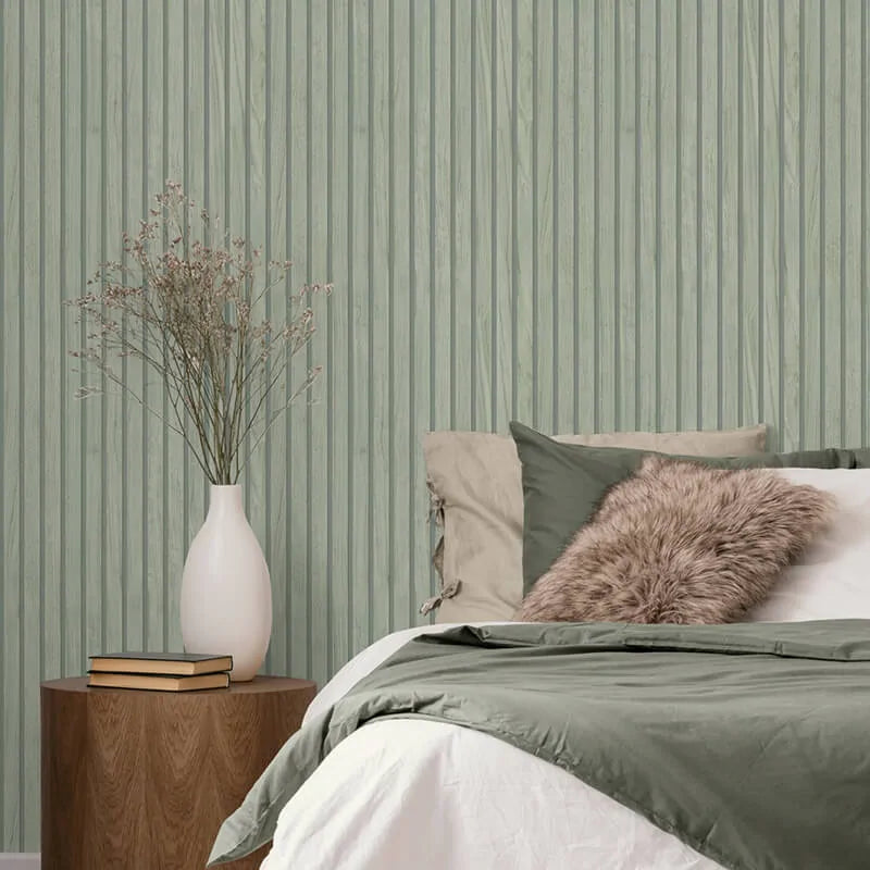 Soft Sage Green Timber Wood Slat Panel Wallpaper - Nobletts Wallpaper