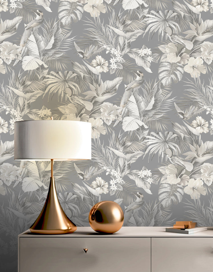 Paradise Birds Grey Wallpaper | Tropical Design Wallpaper | 539073