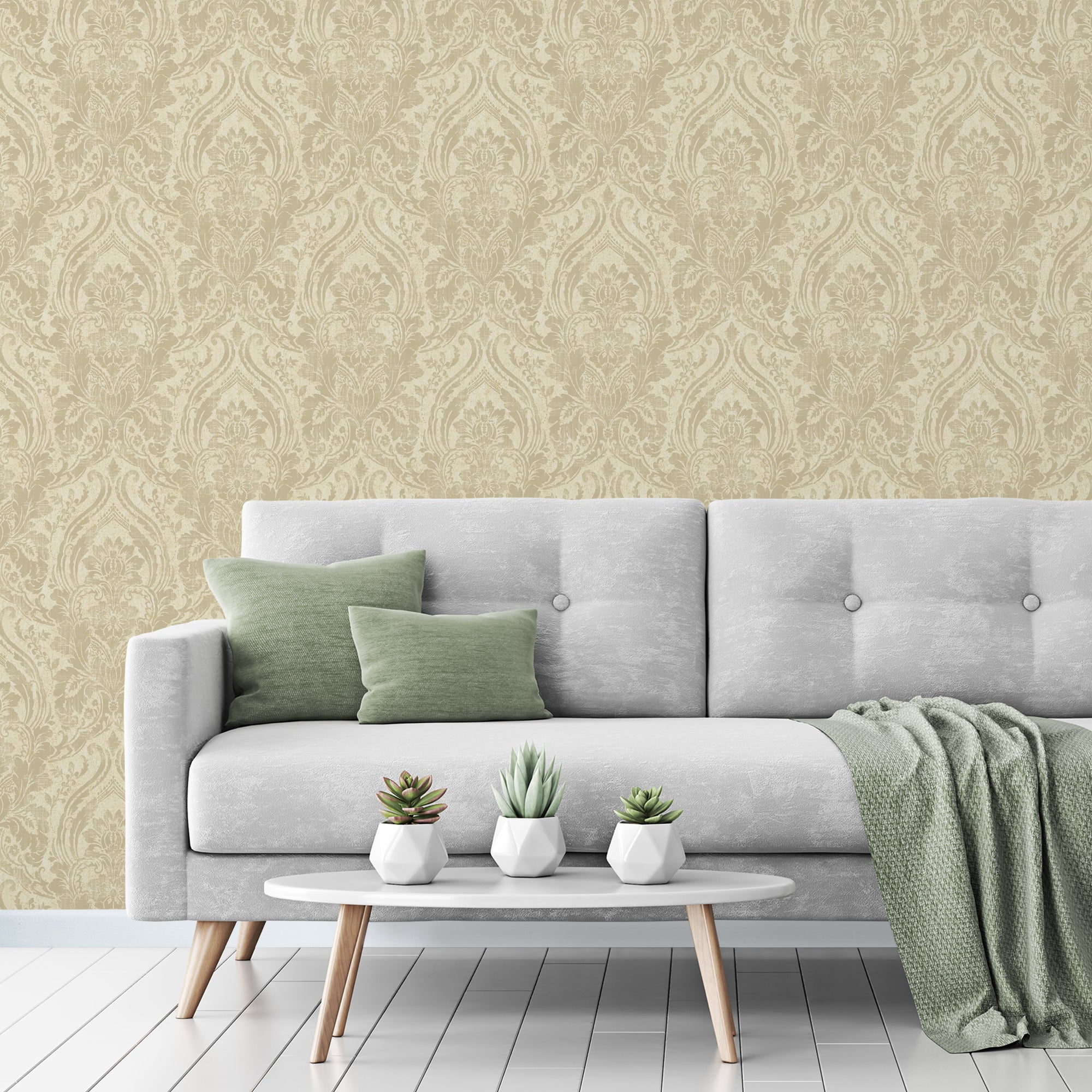 Textured Damask Cream and Gold Wallpaper | Grandeco | A68703