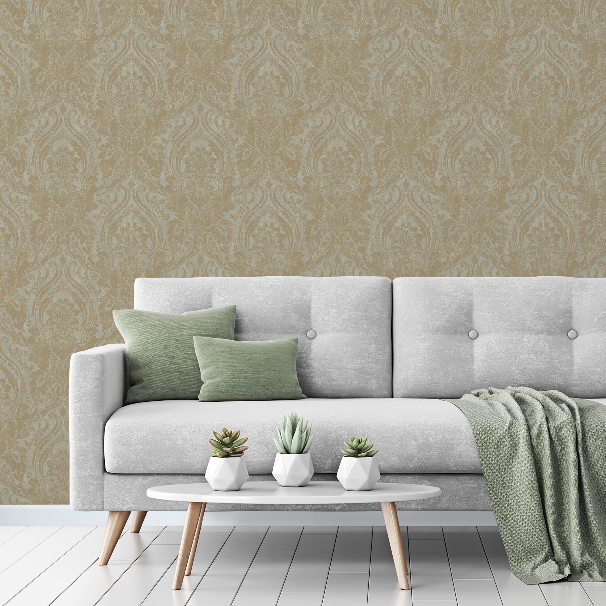 Textured Damask Sage Wallpaper | Grandeco | A68704