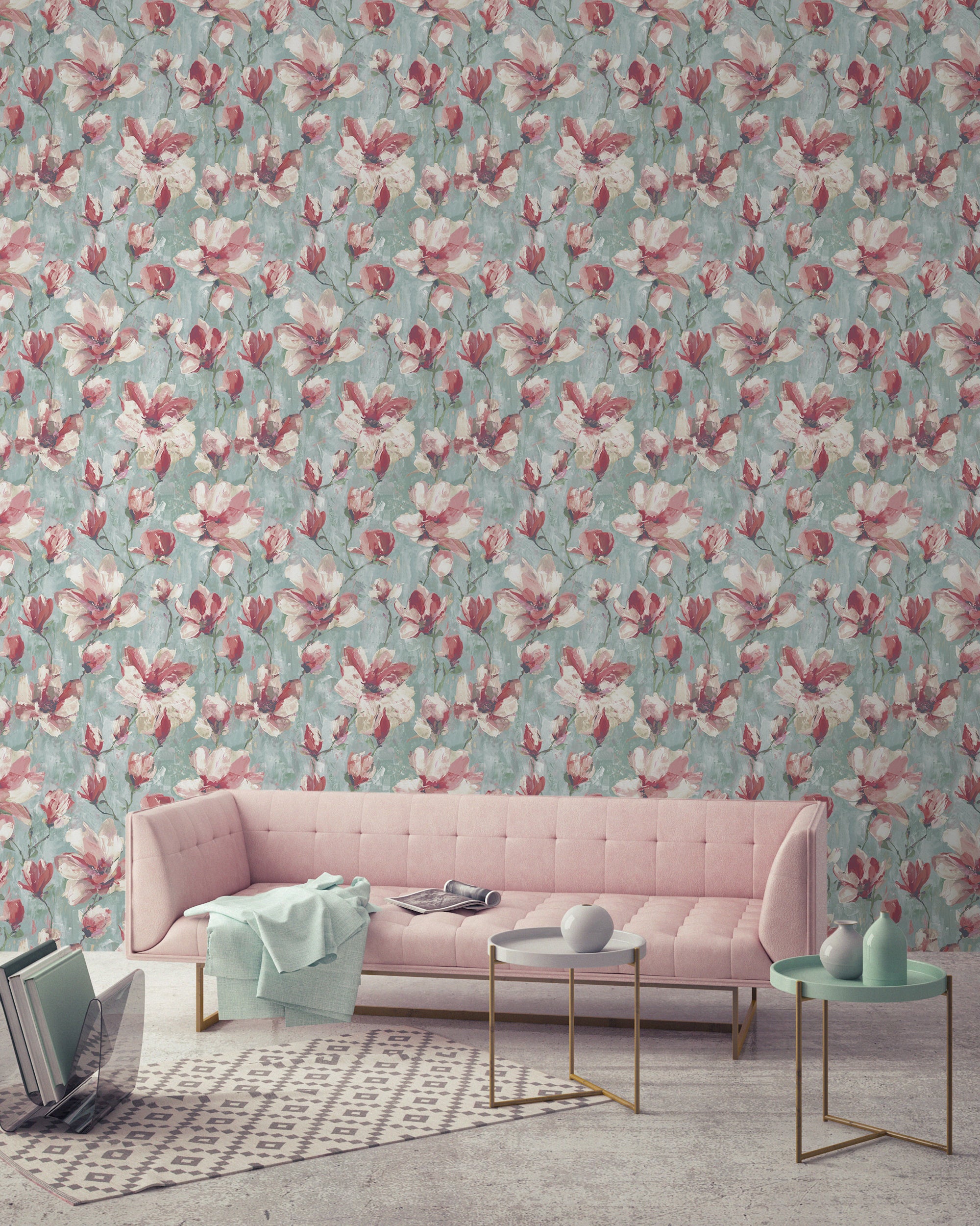 Camilla Floral Teal & Pink Wallpaper | Watercolour Flower | A72401