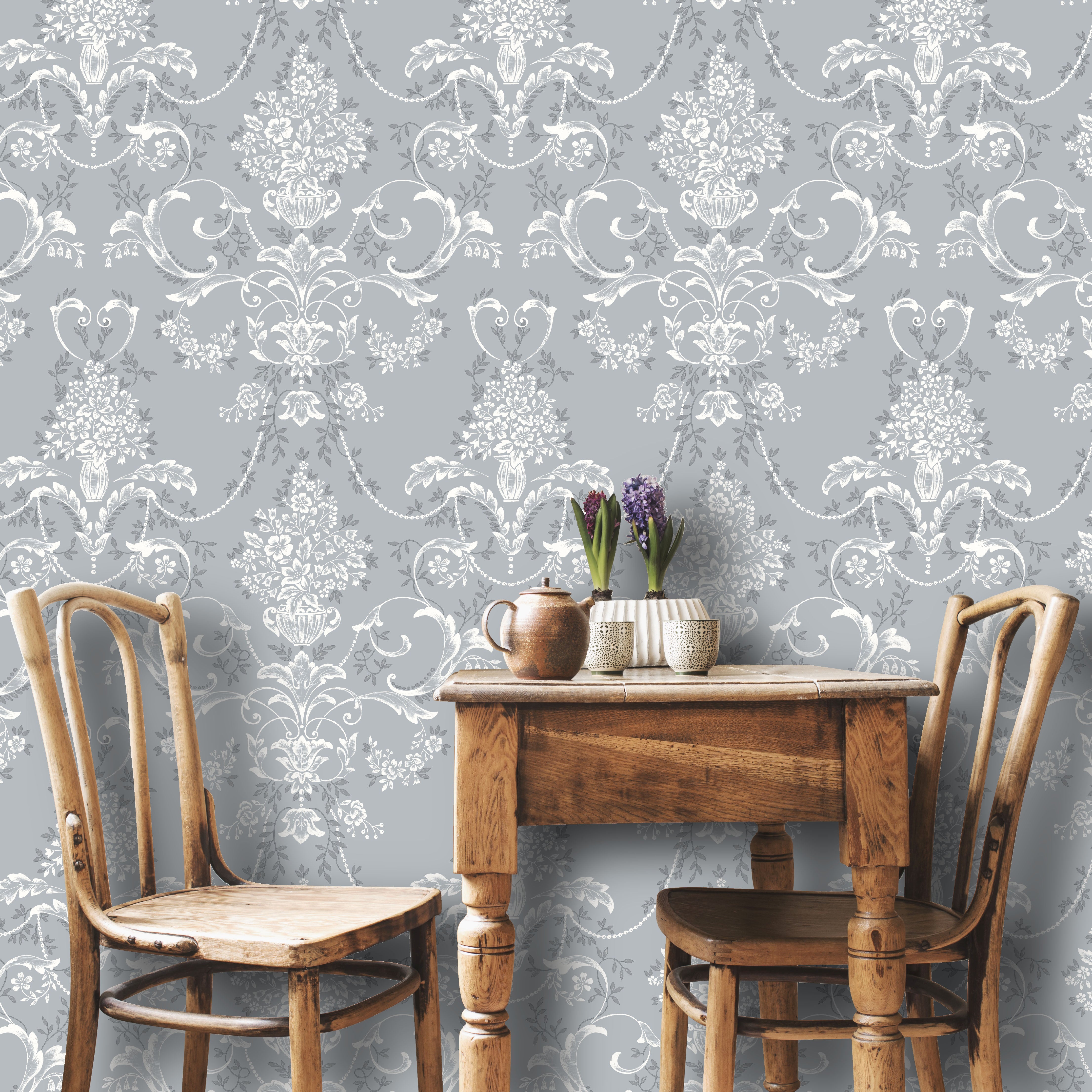 Amie Damask Dusky Blue Wallpaper