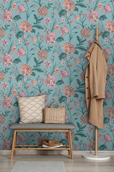 Amie Hydrangea Teal Wallpaper

