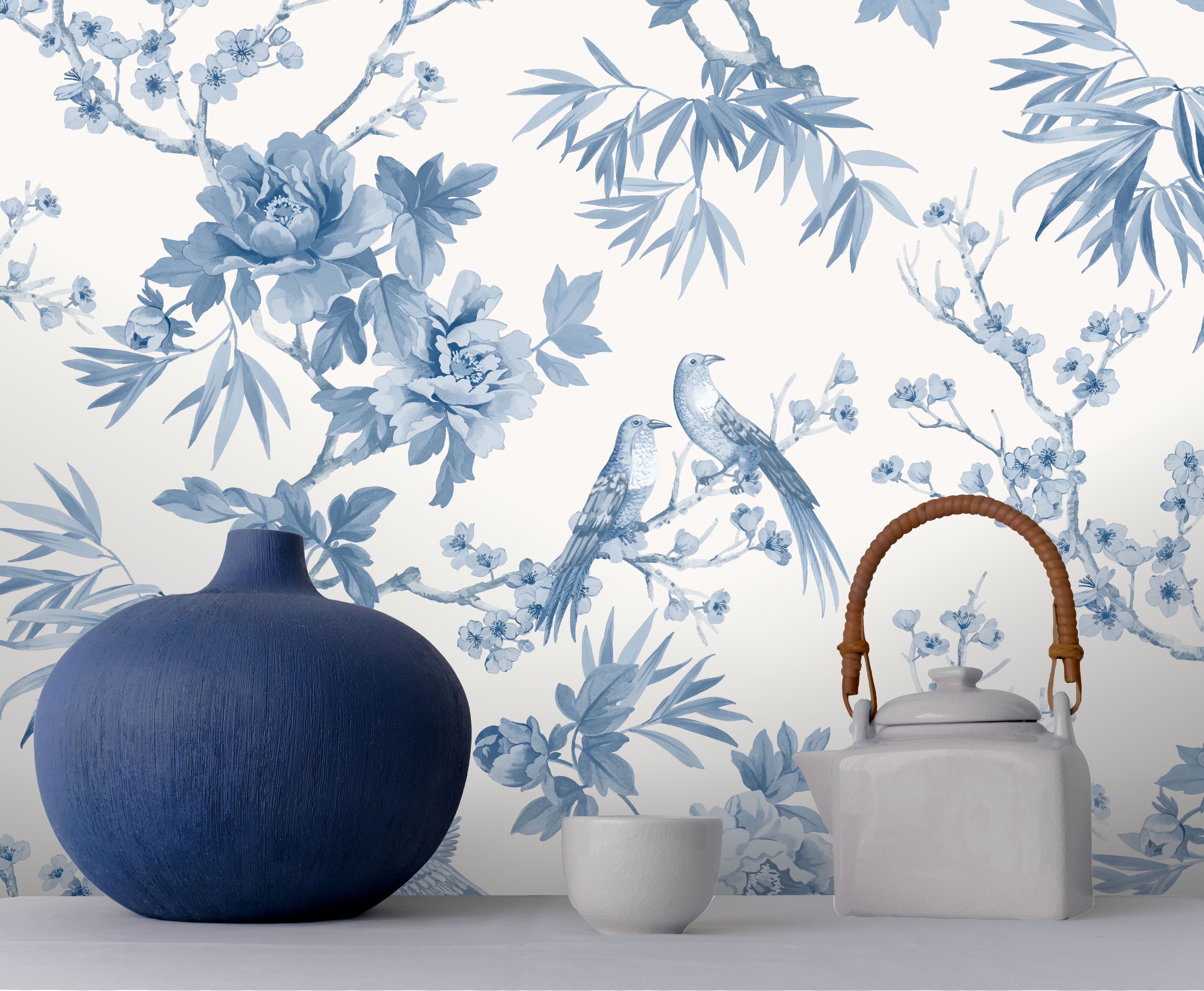 Amie Jardin Chinoiserie Cobalt Blue Wallpaper in Bedroom