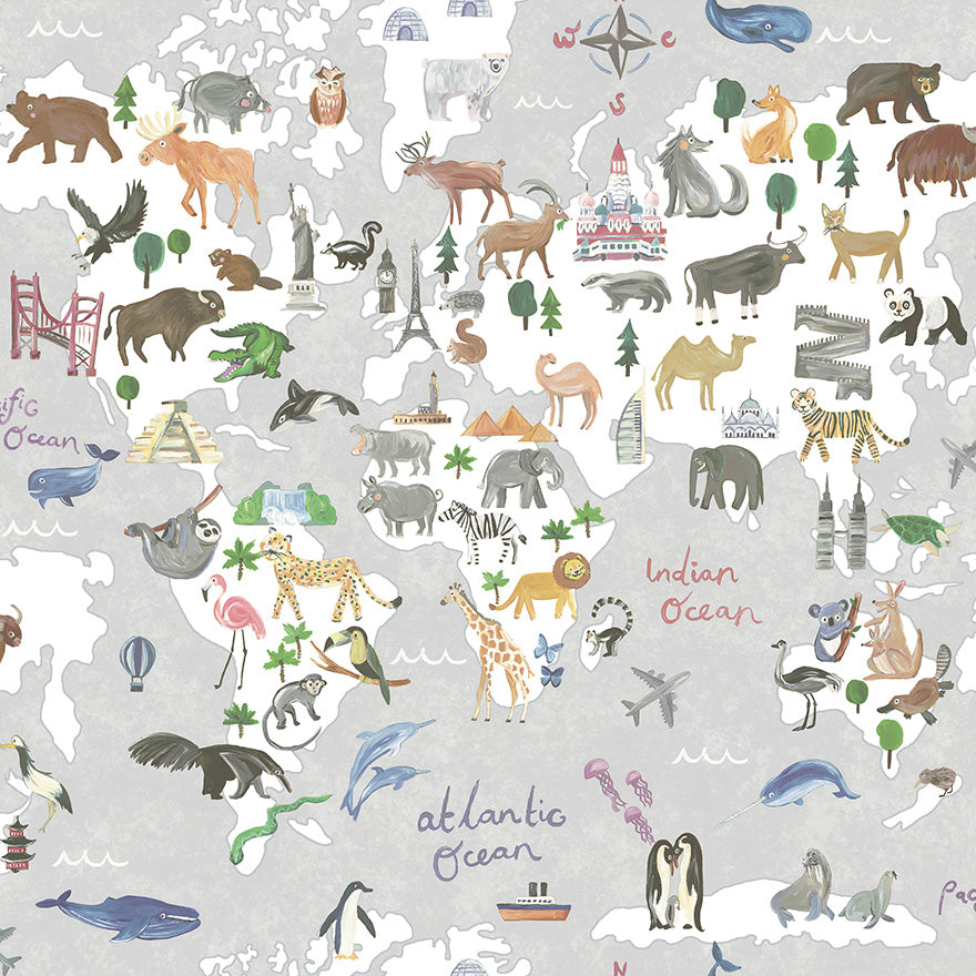 Animal Maps Grey Wallpaper