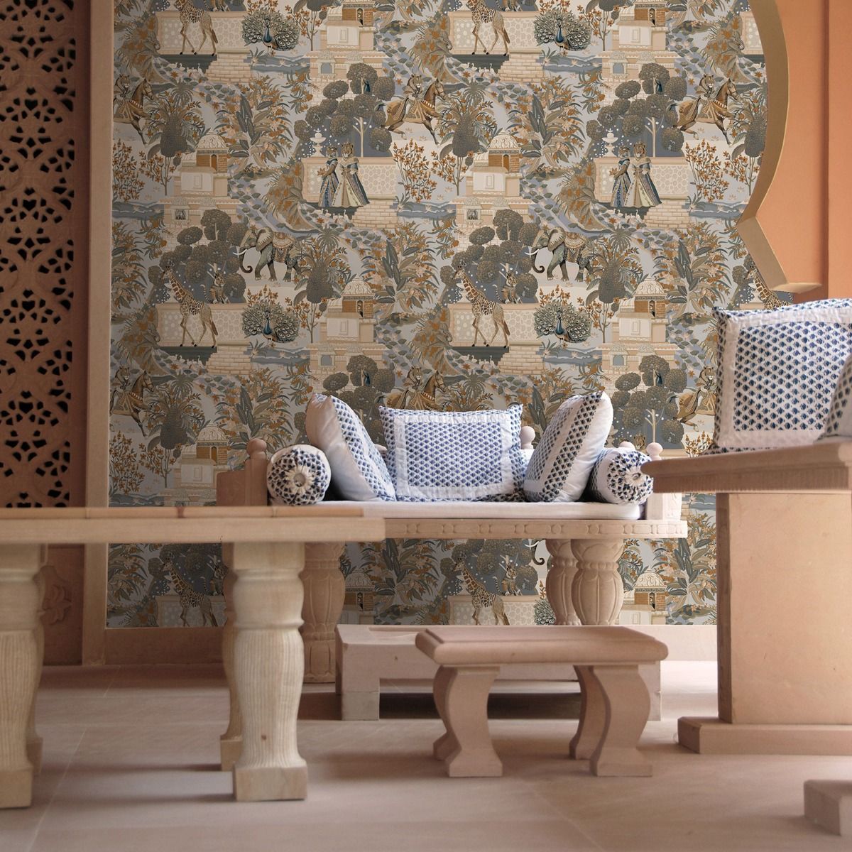 Animal Palace Navy Orange Wallpaper