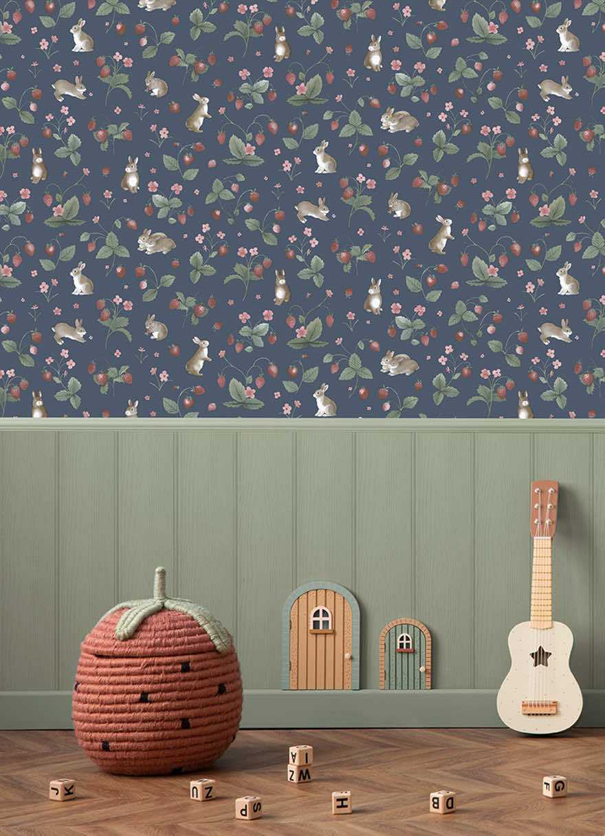 Bunnies & Berries Navy Wallpaper