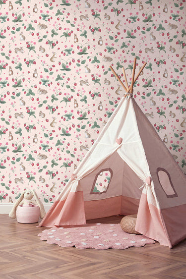 Bunnies & Berries Pink Wallpaper