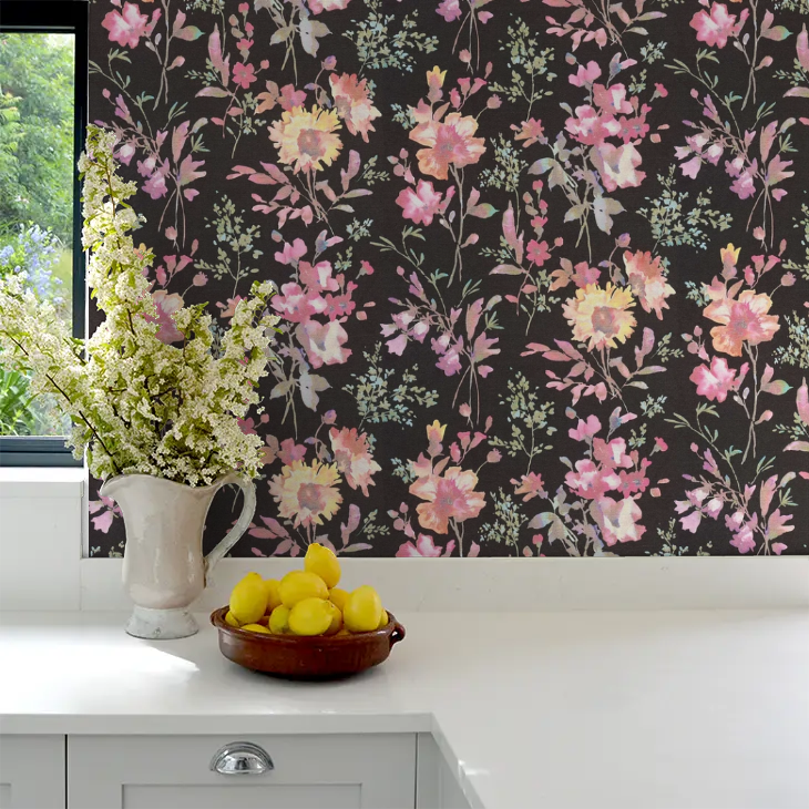 COSMOLiving - Petal Poetry Black Wallpaper – Nobletts Wallpaper