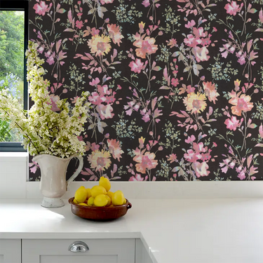 COSMOLiving - Petal Poetry Black Wallpaper