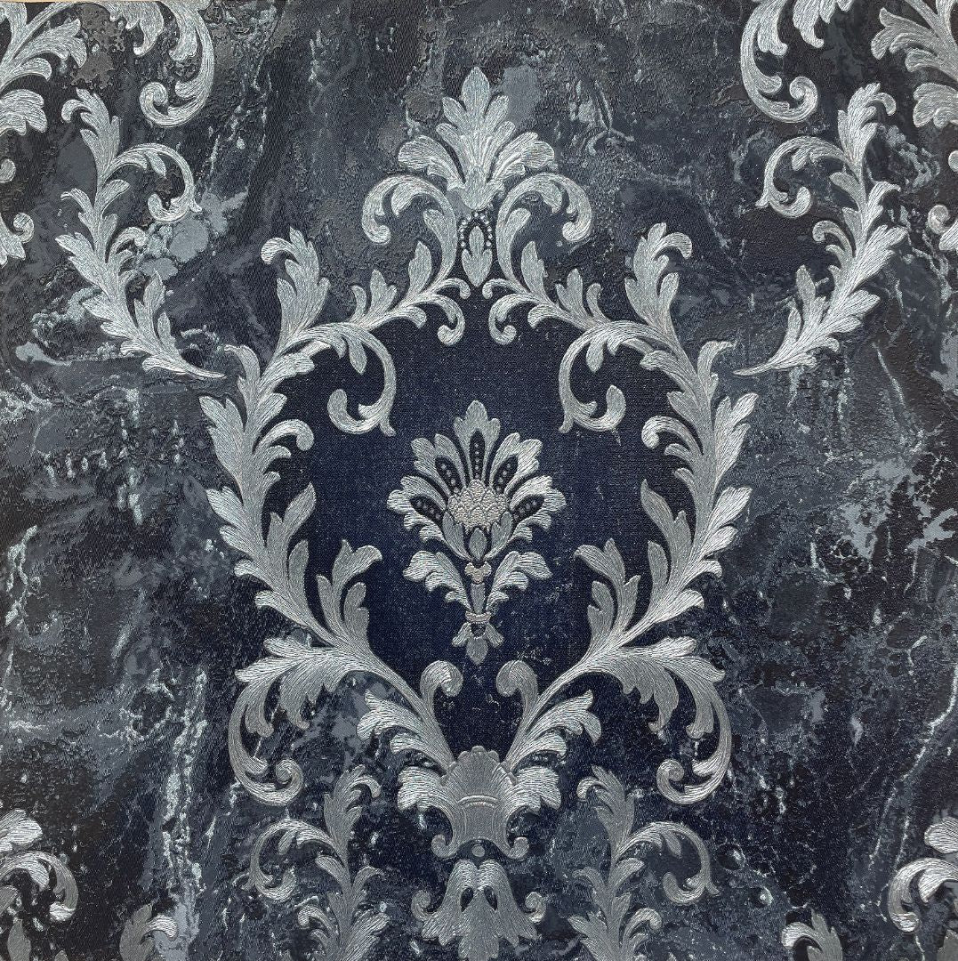 Vasari - Sienna Damask Navy and Silver Wallpaper | 538410