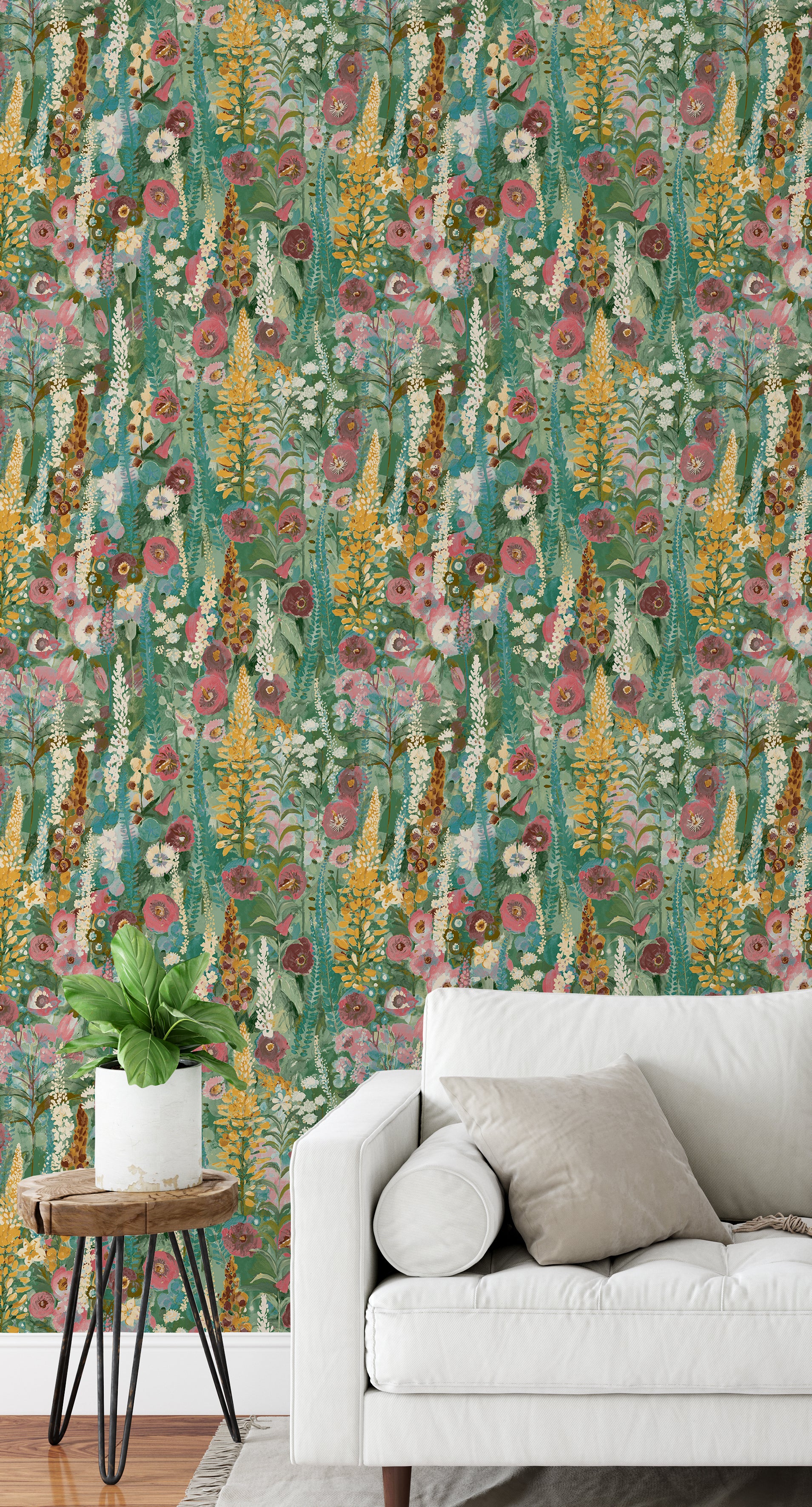 Delphinium Floral Meadow Green Maximalist Wallpaper