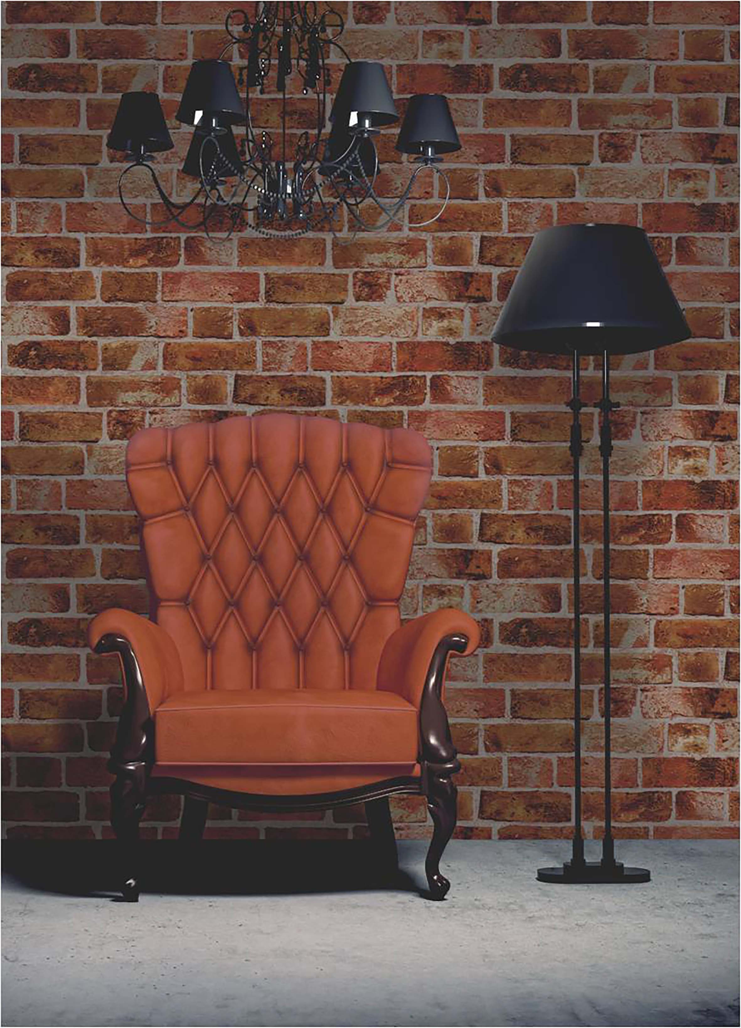 Orange brick wallpaper in living room