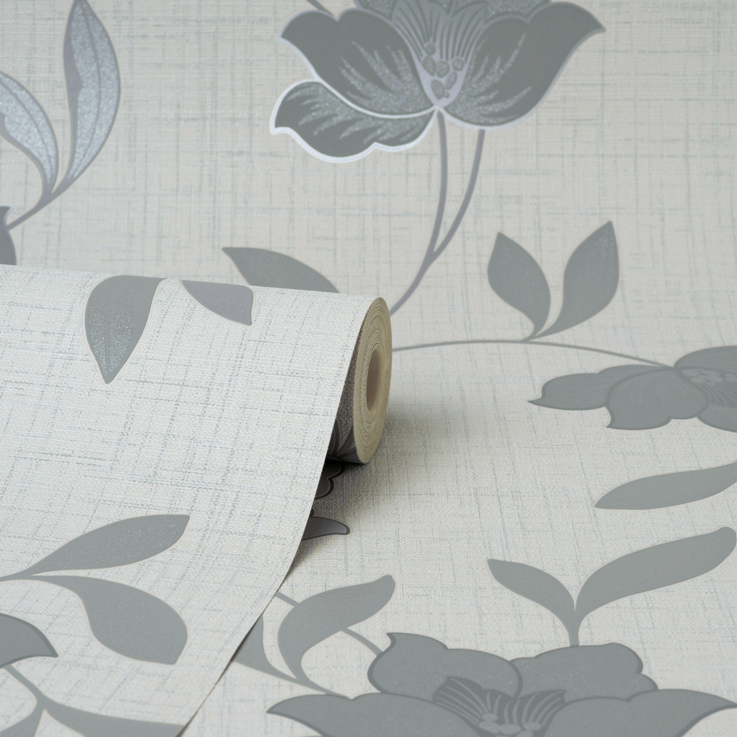 Larson Floral Grey and Silver Wallpaper | Fine Decor | FD43068