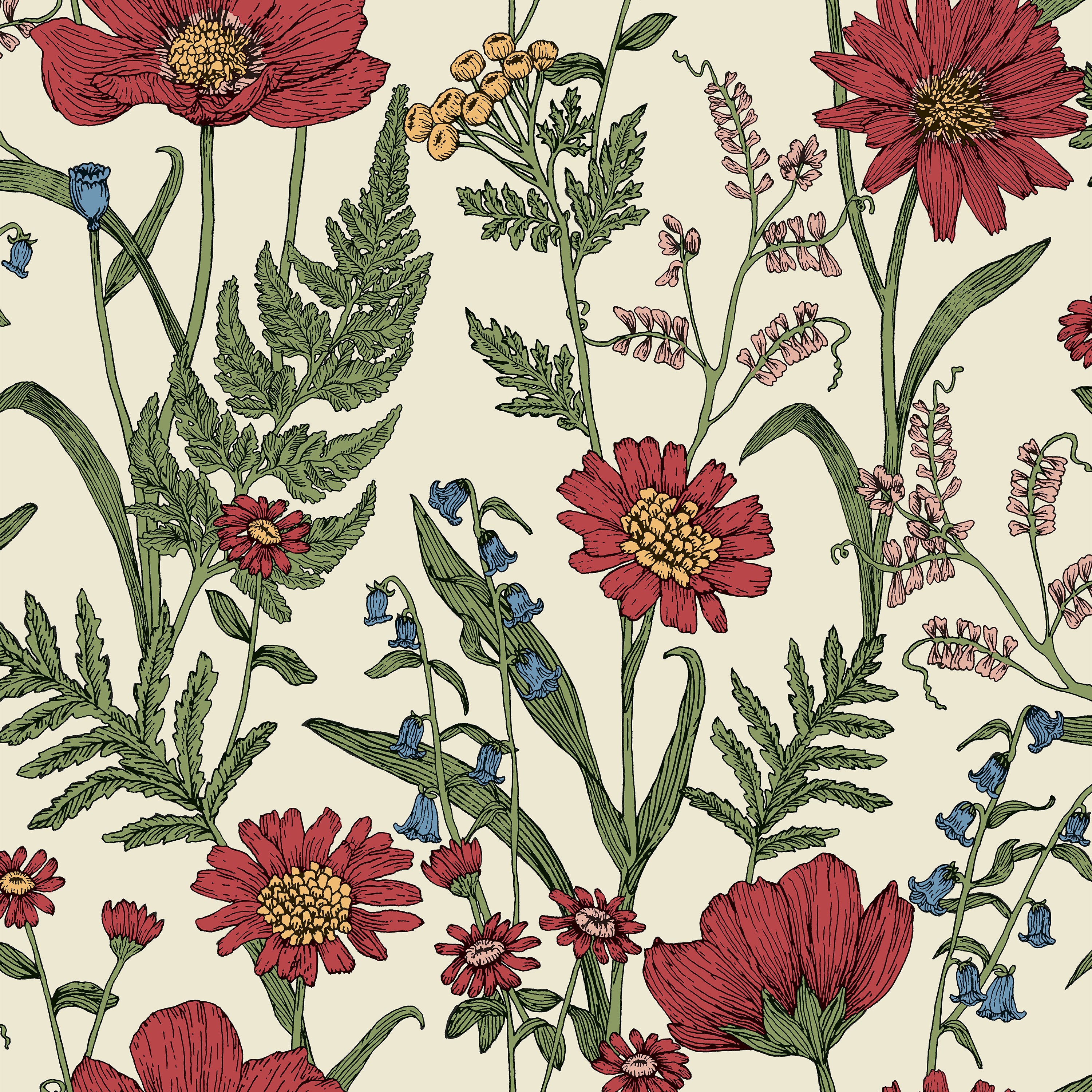 Wild Meadow Red and Cream Floral Wallpaper