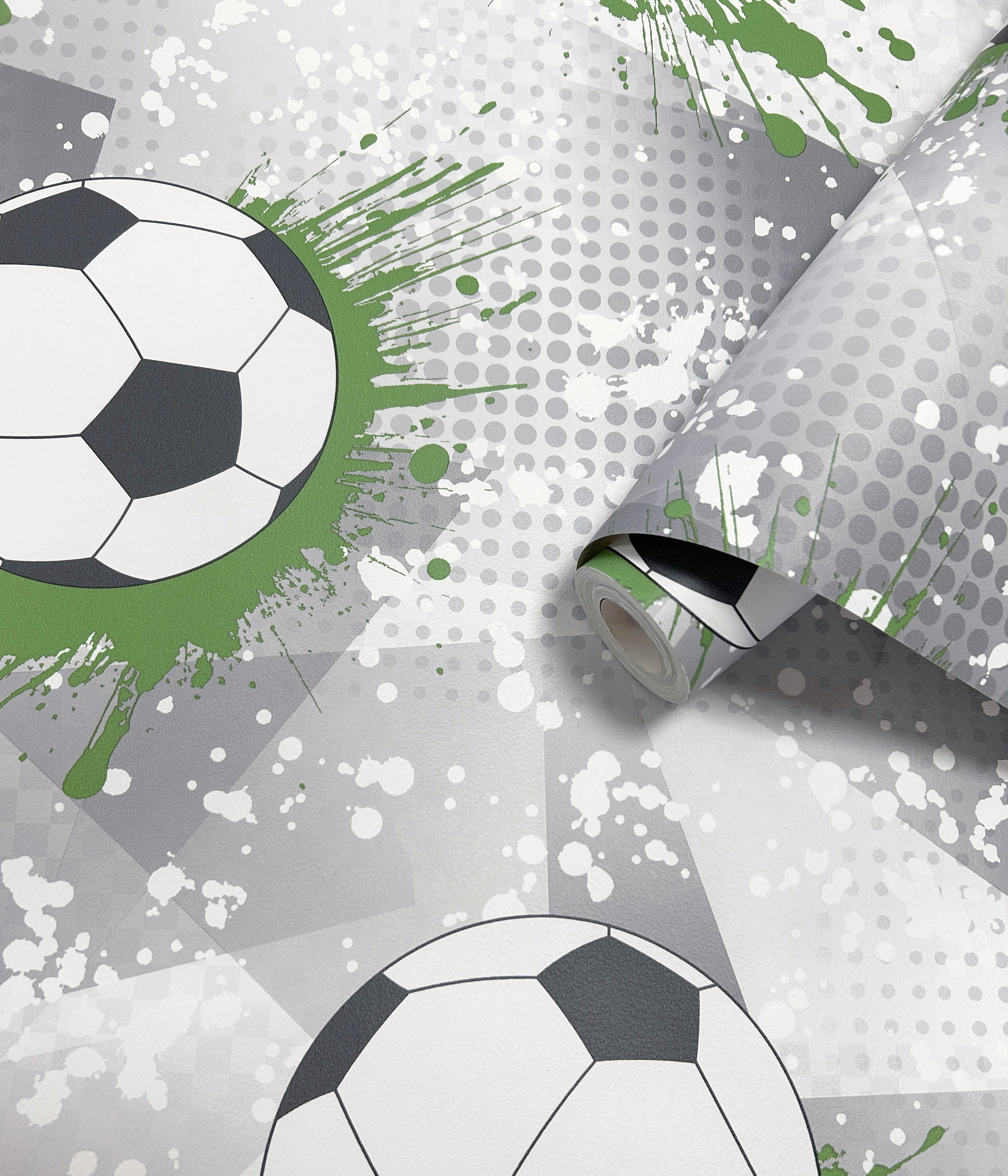 Football Frenzy Grey/Green Wallpaper in children's room