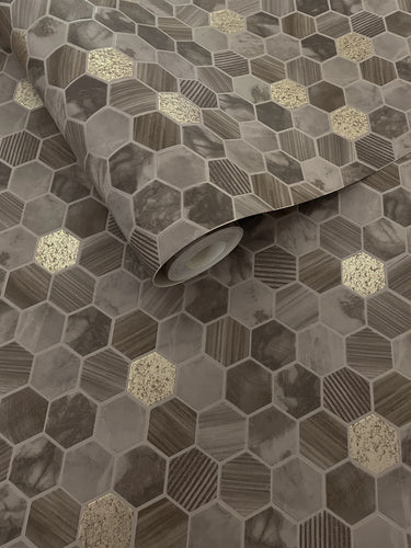 Hexara Tile Bronze Wallpaper