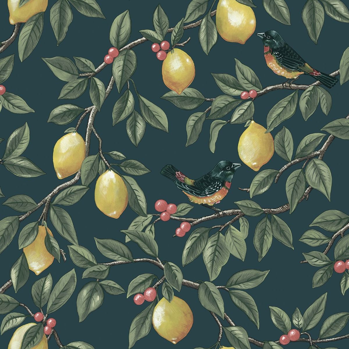 Lemon Leaf Trail Teal Wallpaper in room setting