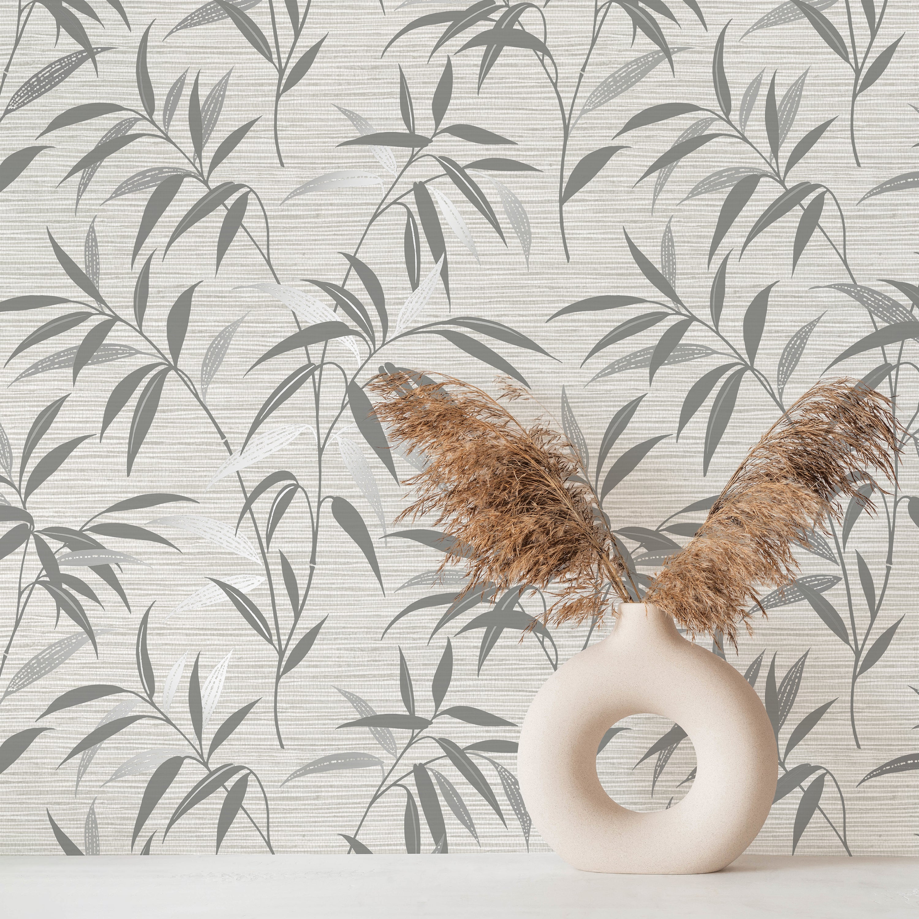 Fusion Leaf Soft Grey Wallpaper Close-Up