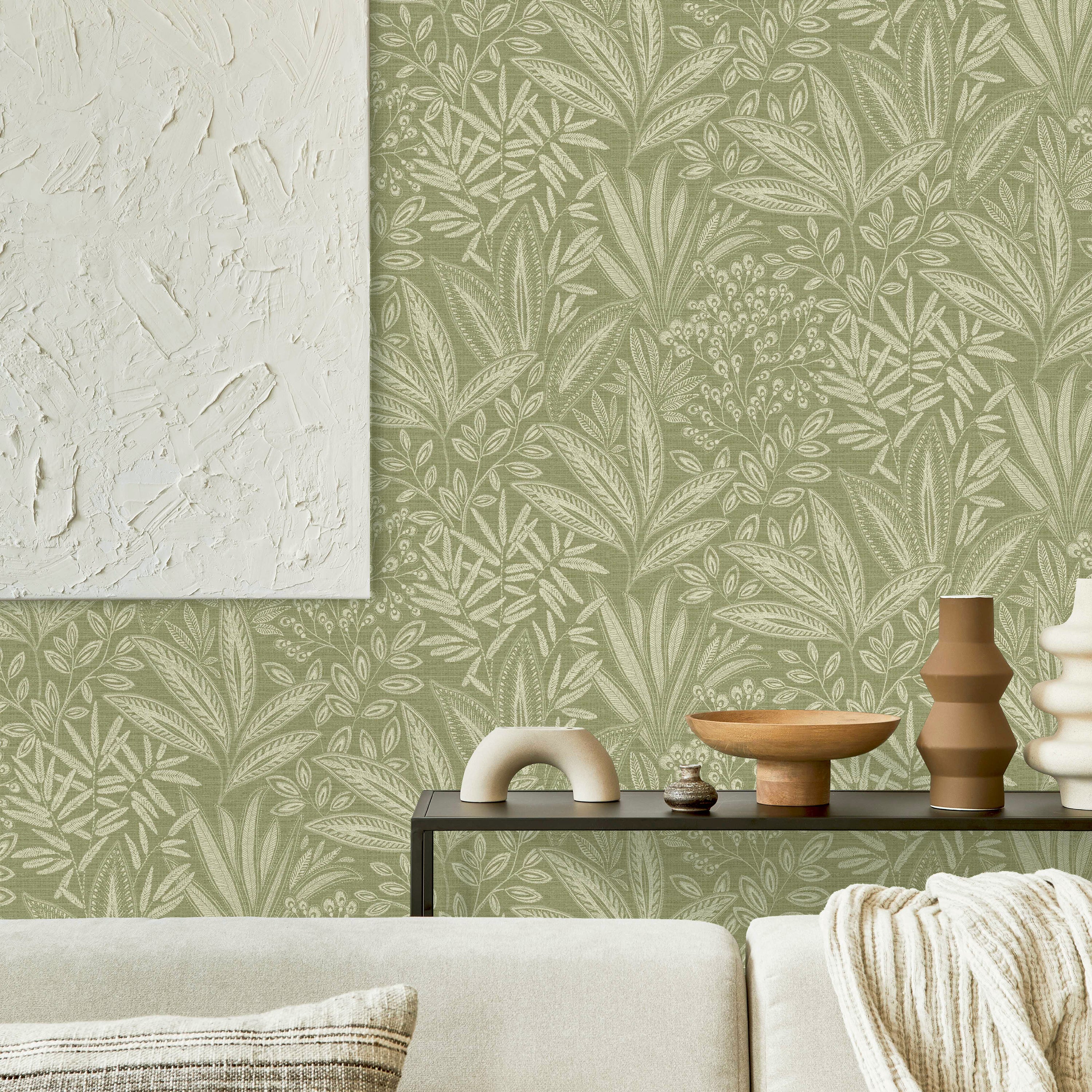 Sahara Leaf Fern Green Wallpaper in a living room setting
