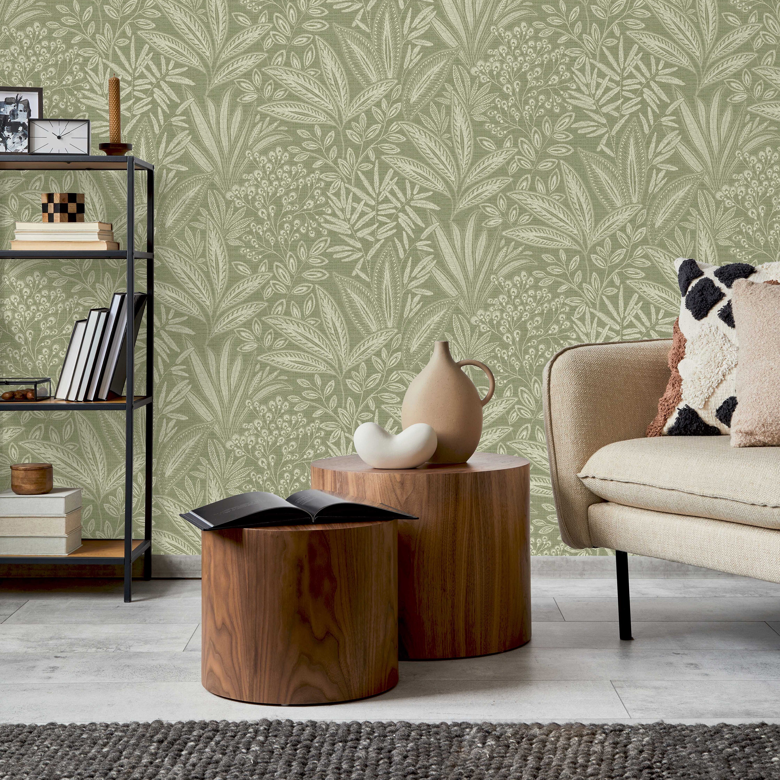 Sahara Leaf Fern Green Wallpaper detail in bedroom