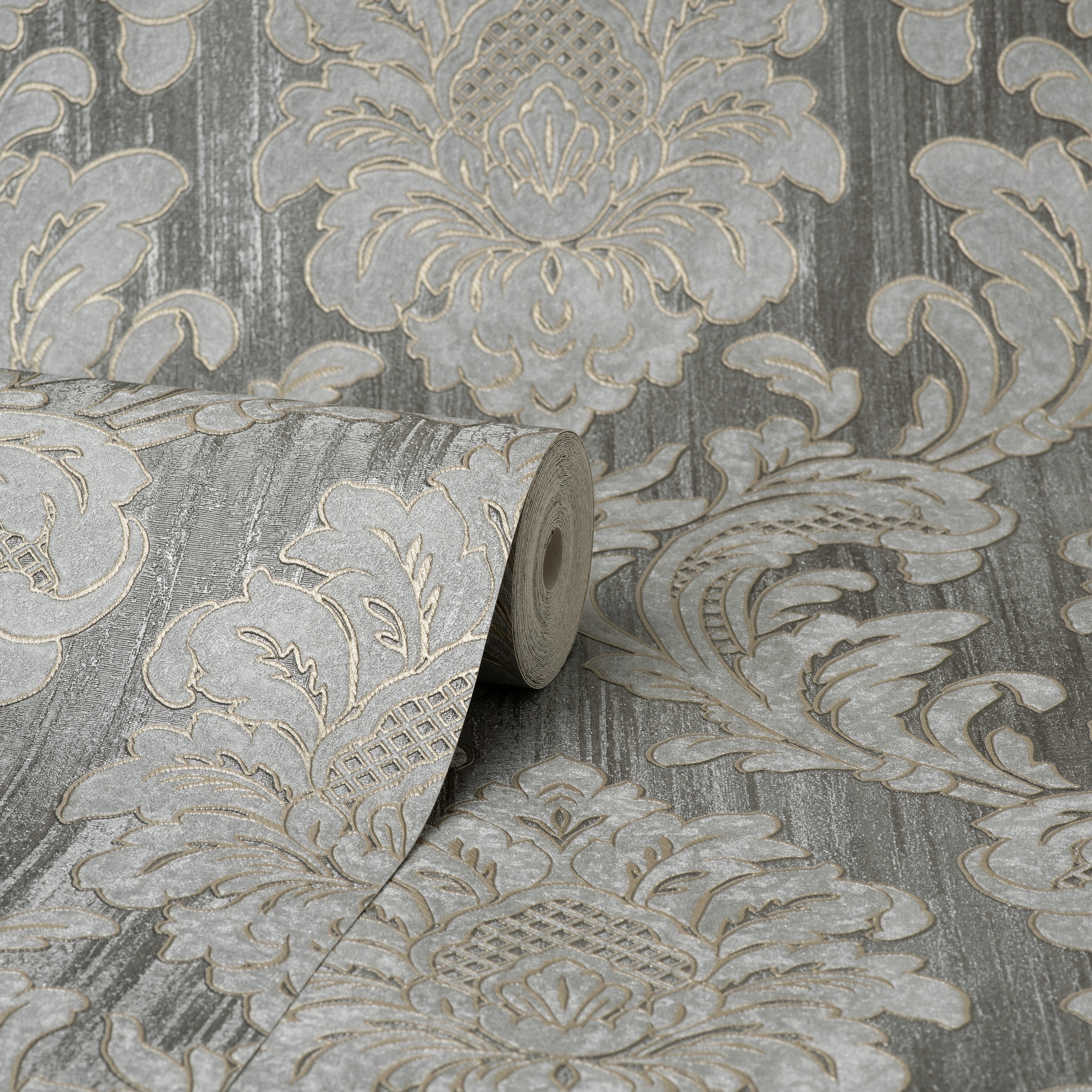 Milano Charcoal and Gold Damask Wallpaper | Fine Decor | M95623