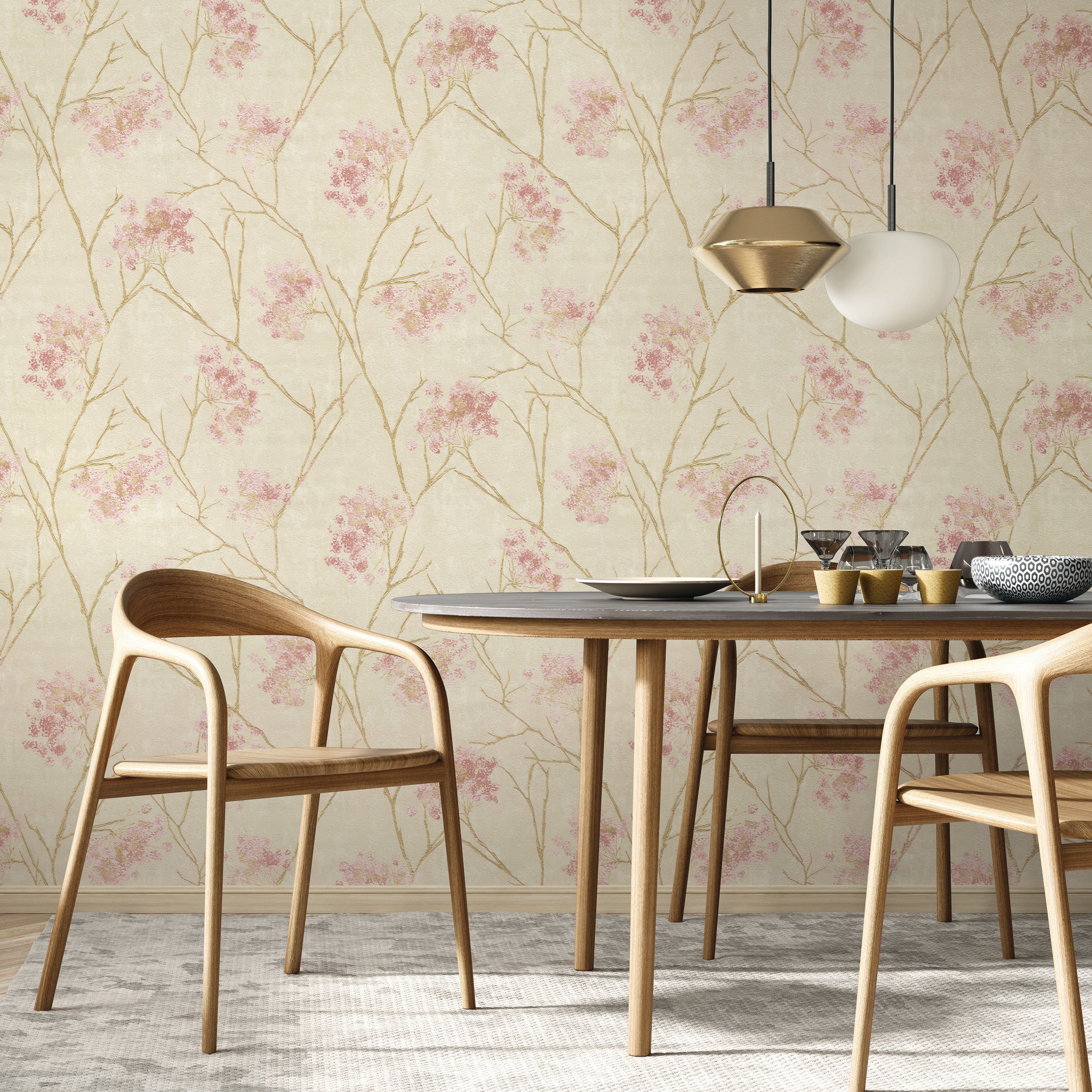 Sofia Sprig Blush Wallpaper in Dining Room