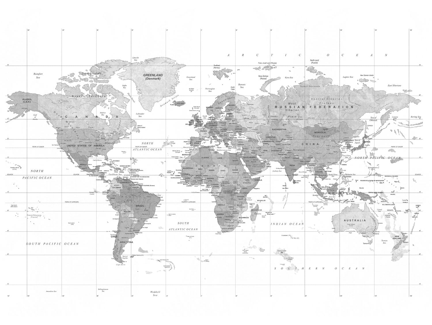 World Map Black/White Wall Mural | Map Wallpaper Mural | ML3002