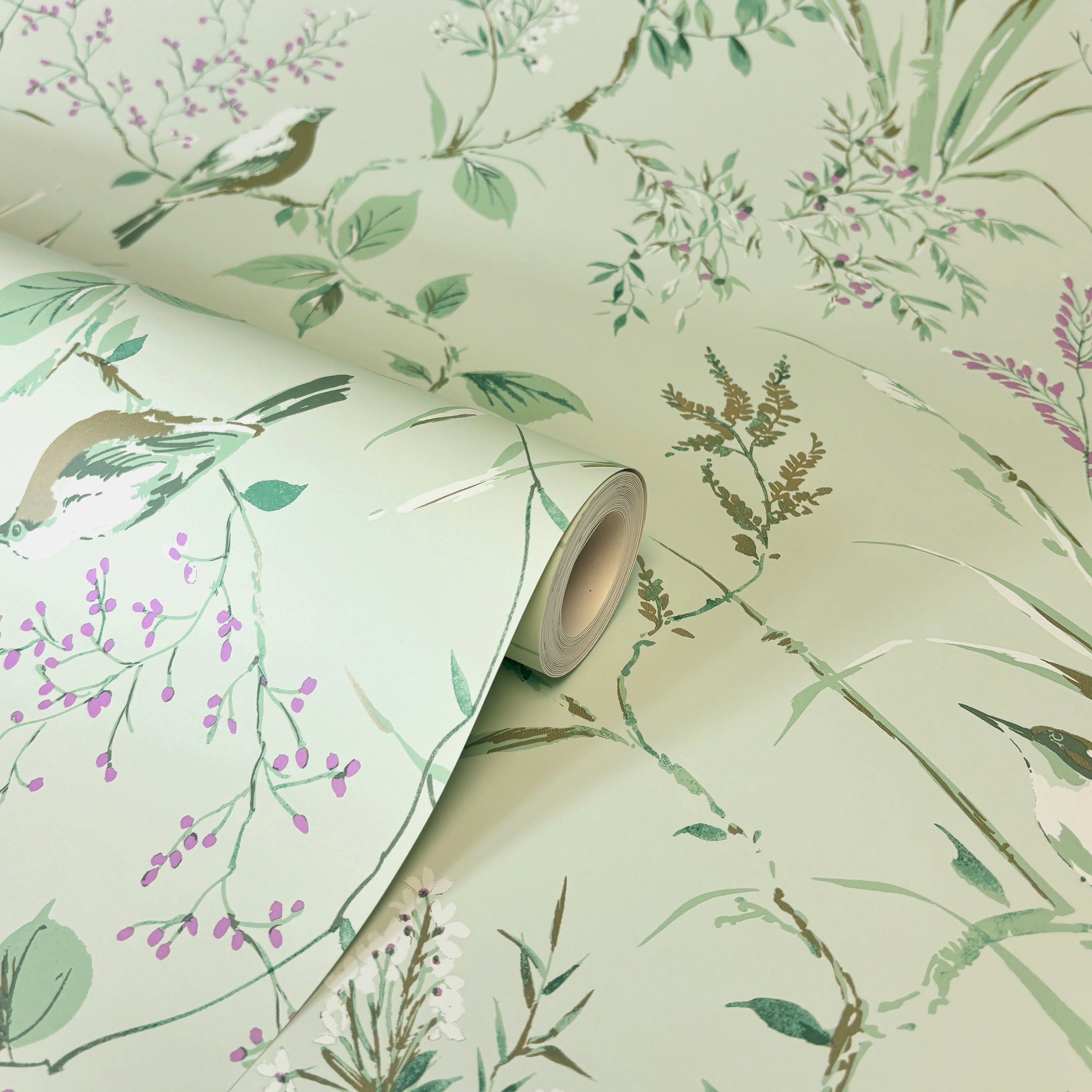Mariko Floral Mint and Plum Wallpaper