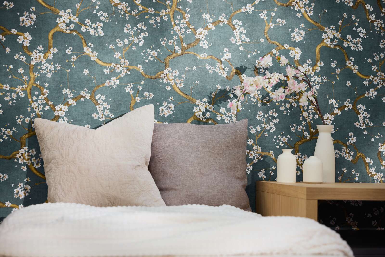 Cherry Blossom Teal Floral Wallpaper