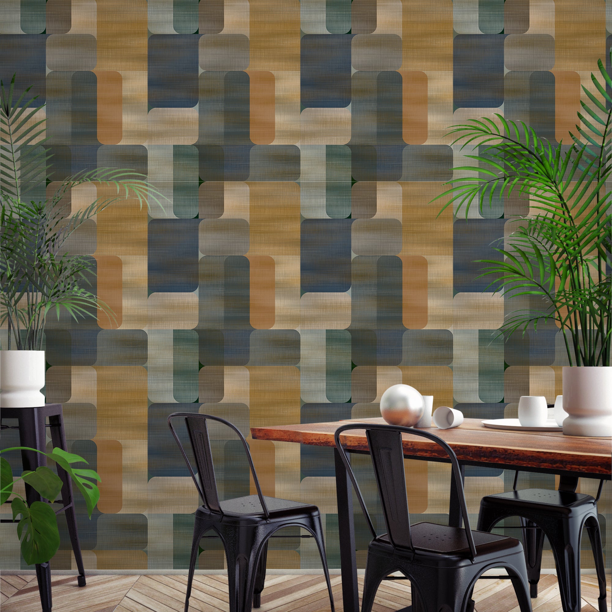 Geometric Wallpaper in Teal and Navy