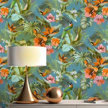 Paradise Birds Teal Wallpaper