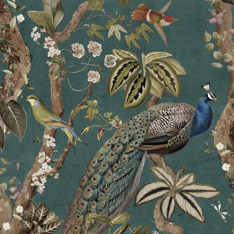 Peacock Woods Aqua Floral Wallpaper