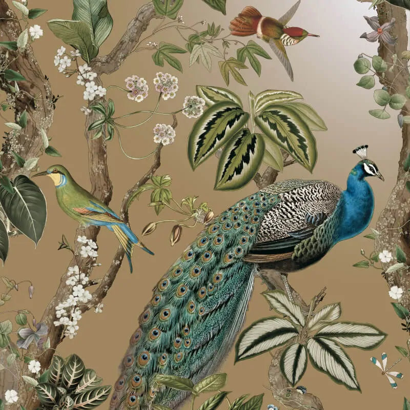Peacock Woods Gold Wallpaper Room View