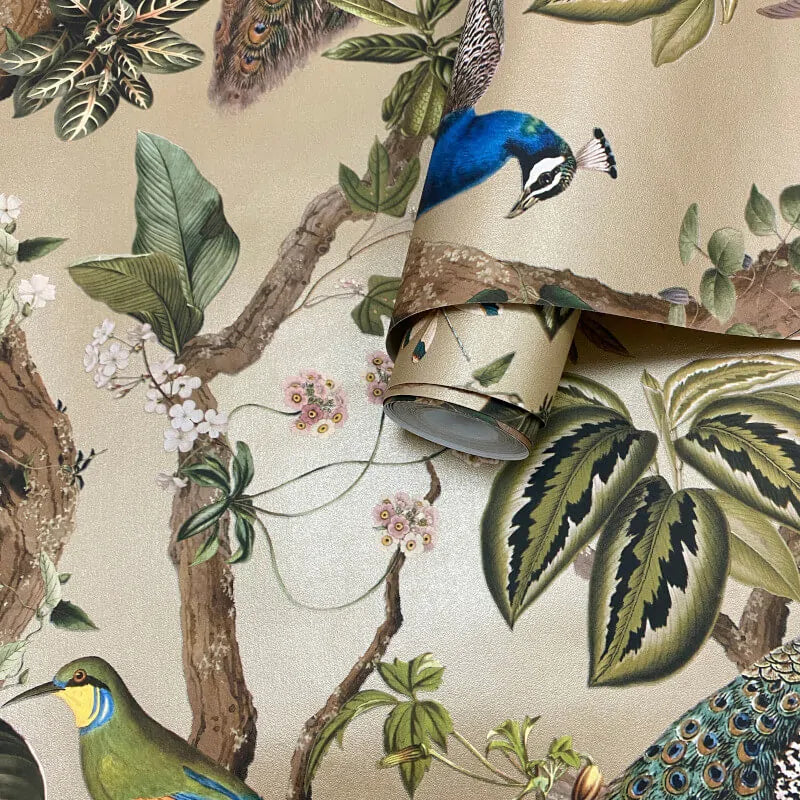 Peacock Woods Gold Floral Wallpaper