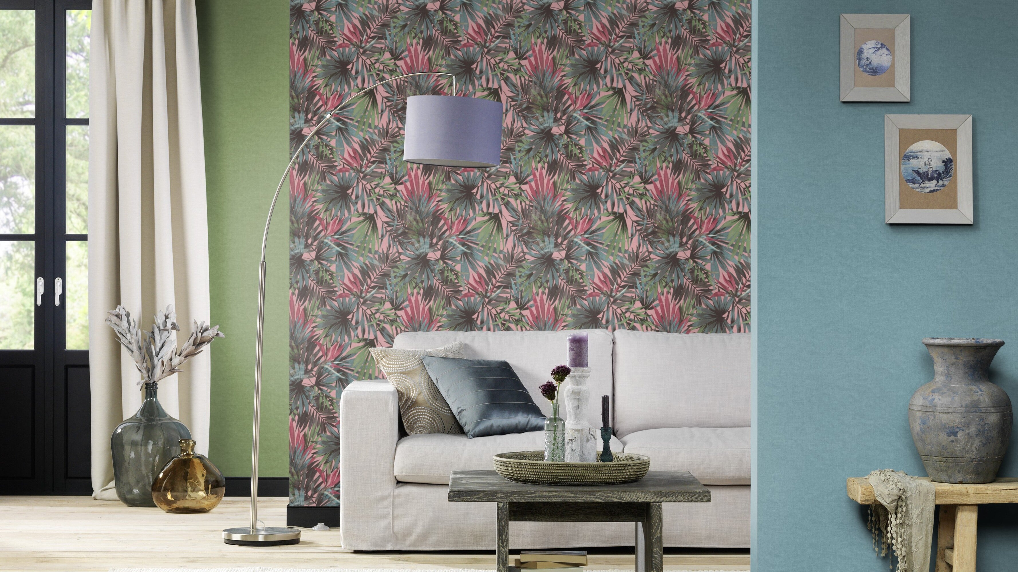 Freundin Linen Effect Green Wallpaper in bedroom setting