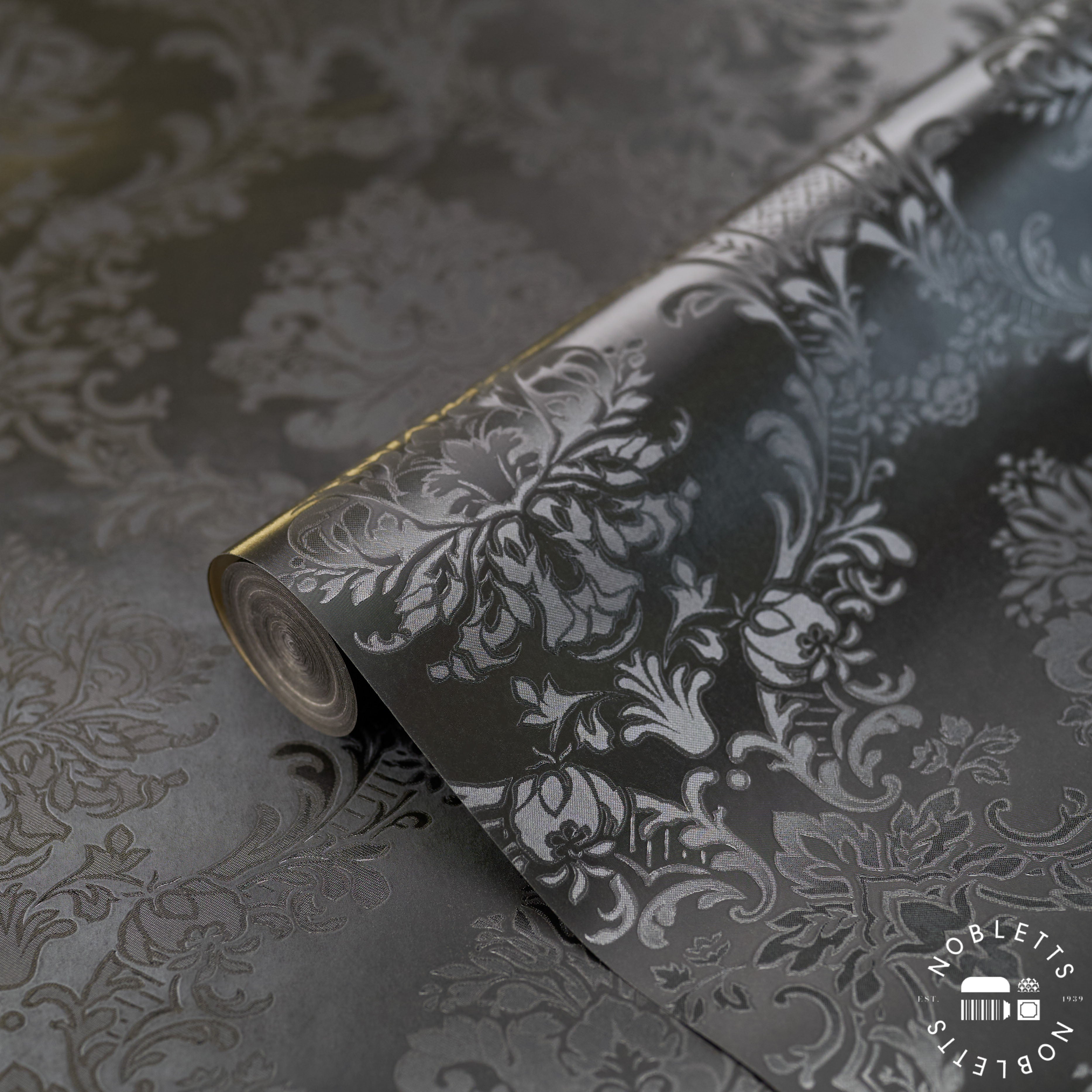 Simply Silks Damask Black Wallpaper Room View