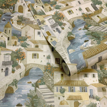 Statement Italian Building Beige Blue Wallpaper