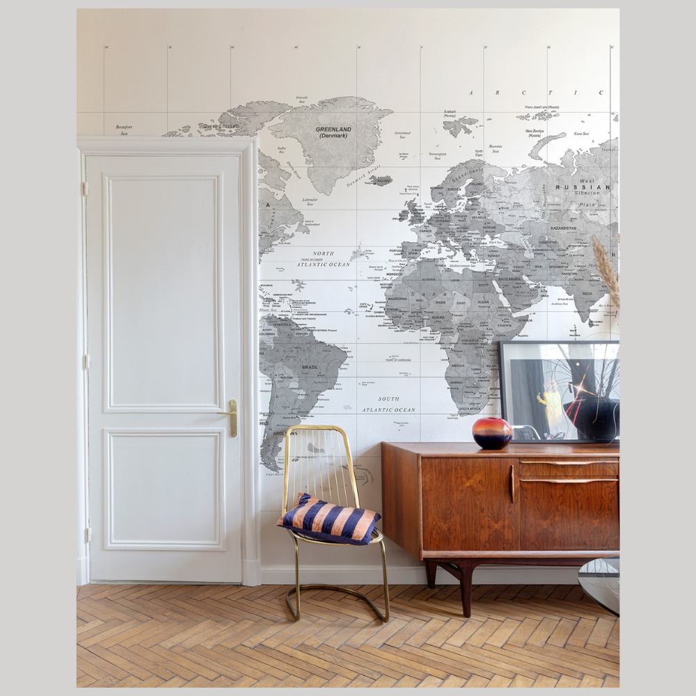 World Map Black/White Wall Mural | Map Wallpaper Mural | ML3002