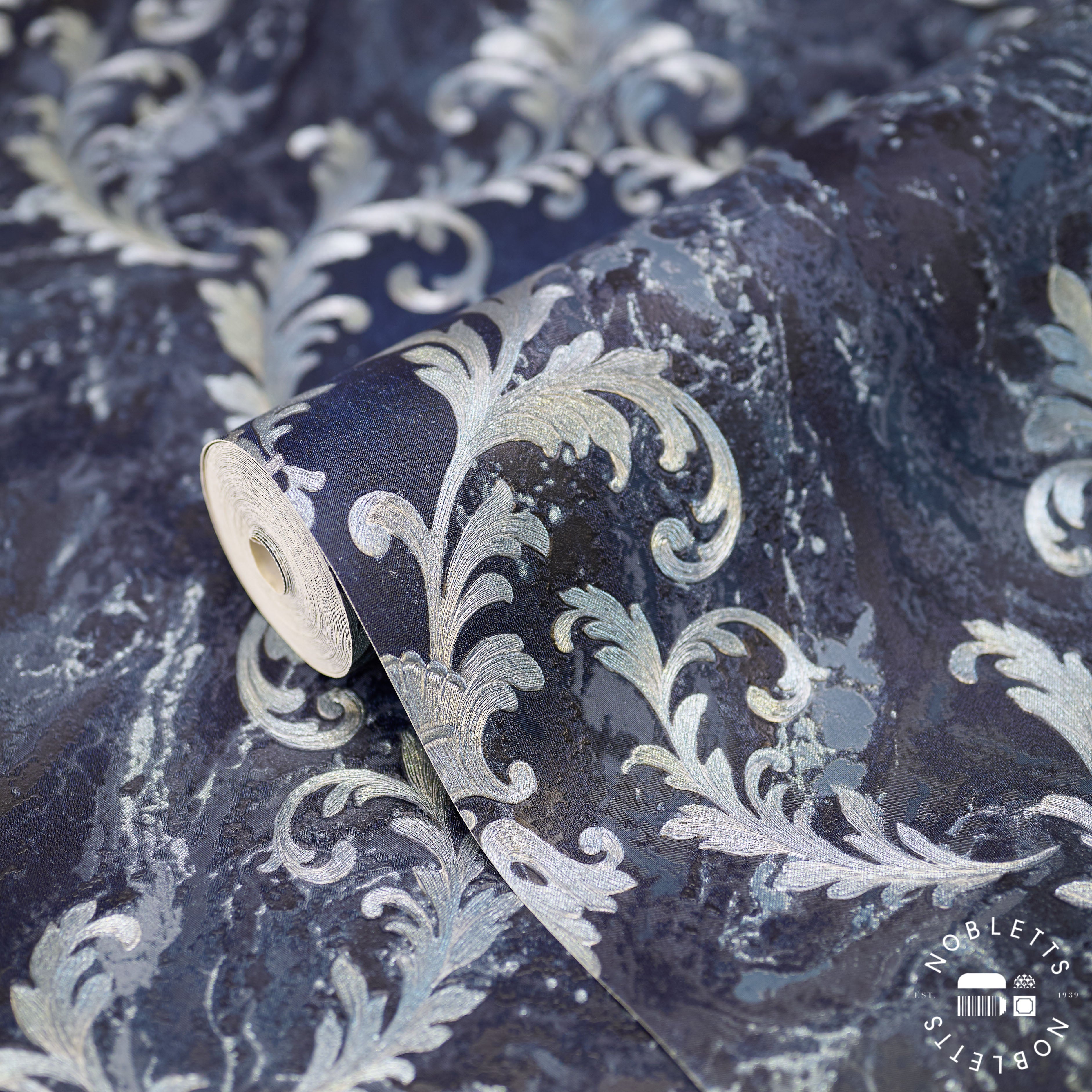 Sienna Damask Navy and Silver Wallpaper Room Setting