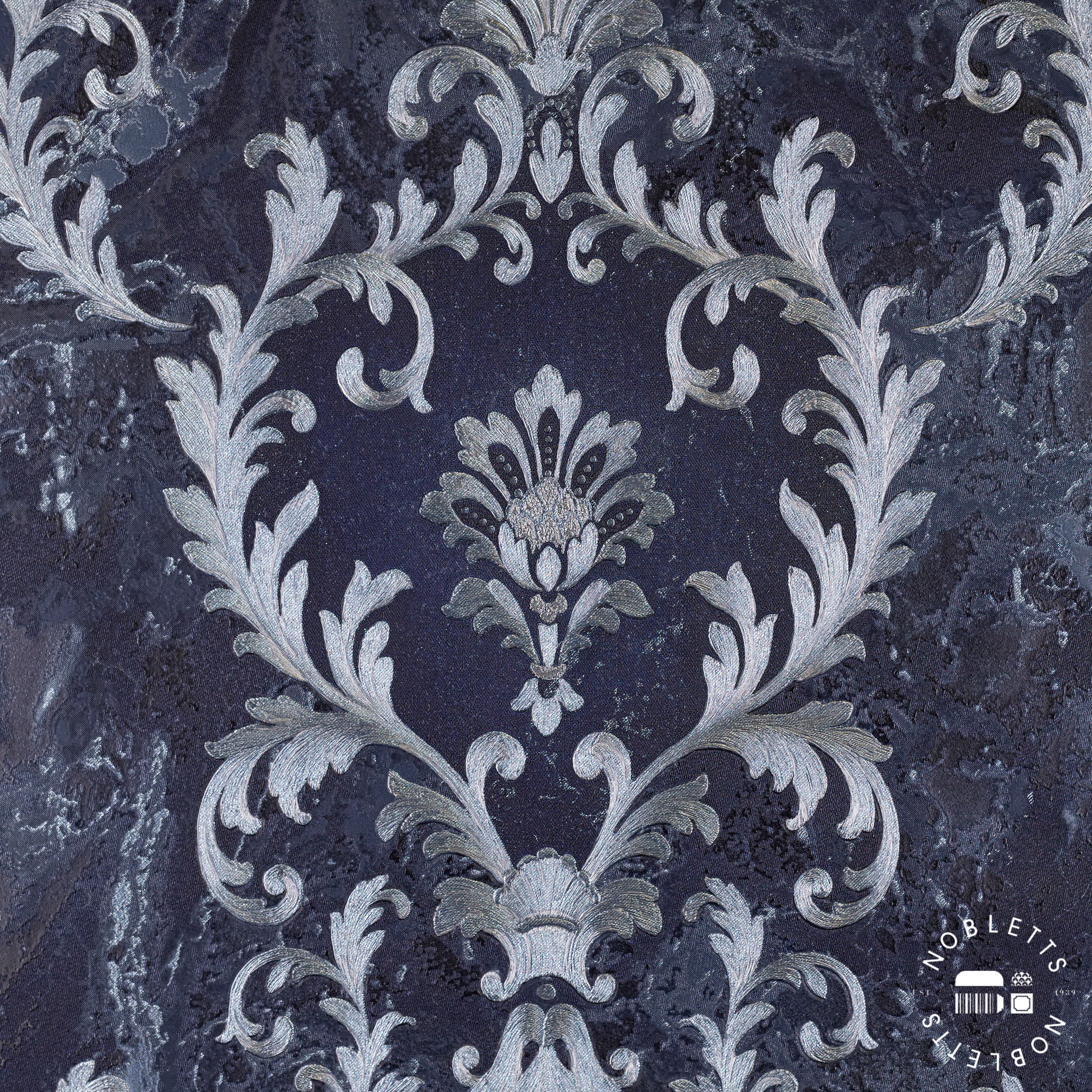 Sienna Damask Navy and Silver Wallpaper