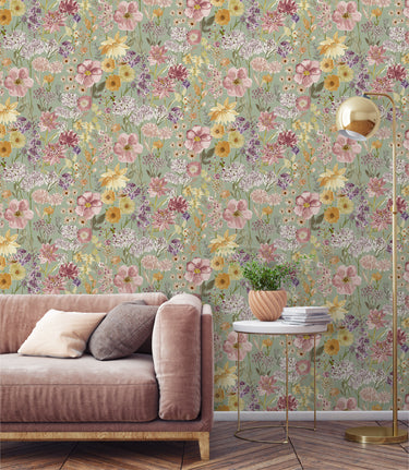 Wild Flowers Green Wallpaper | Grandeco Wallcoverings | A61601