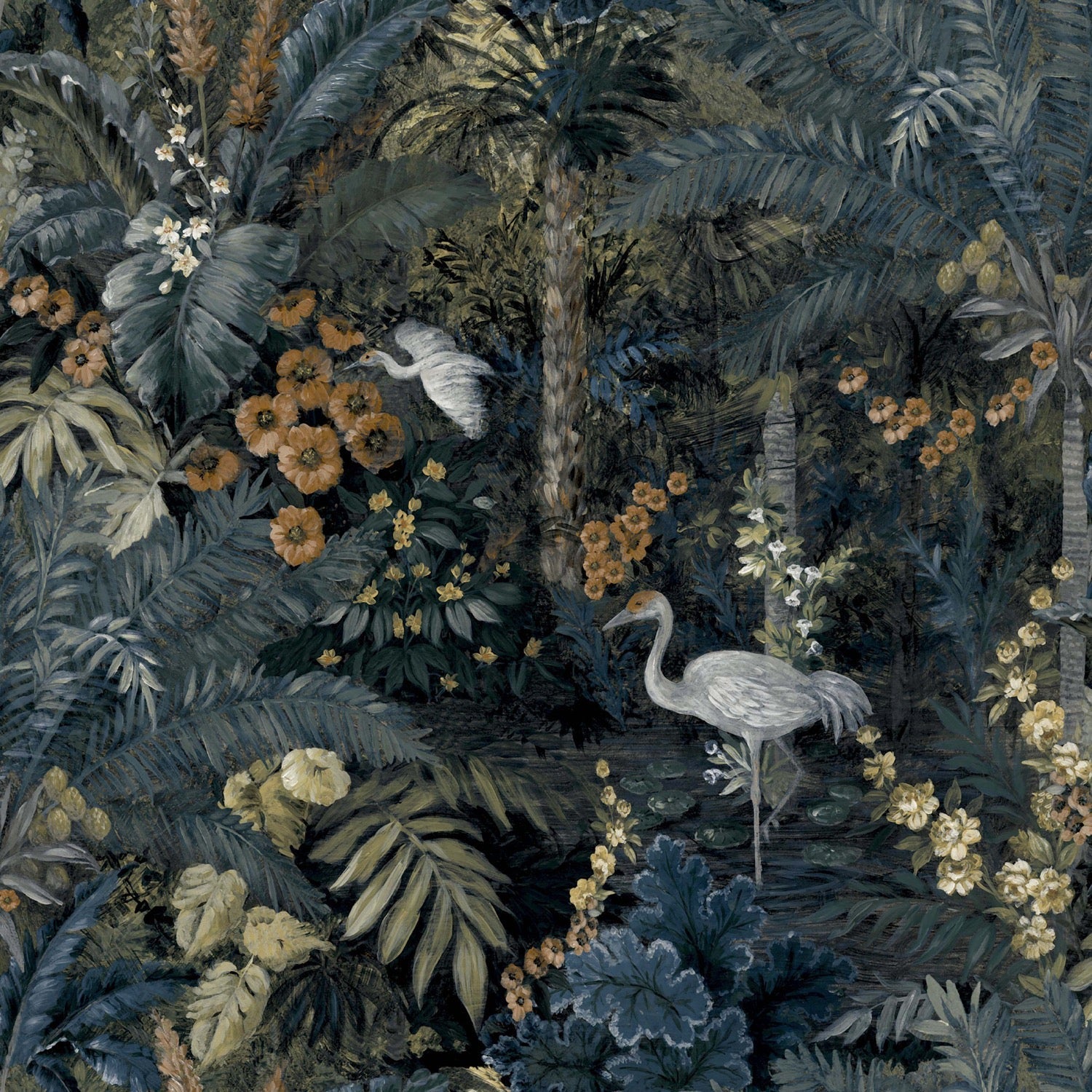 Jungle Paradise Navy Wallpaper with Animals