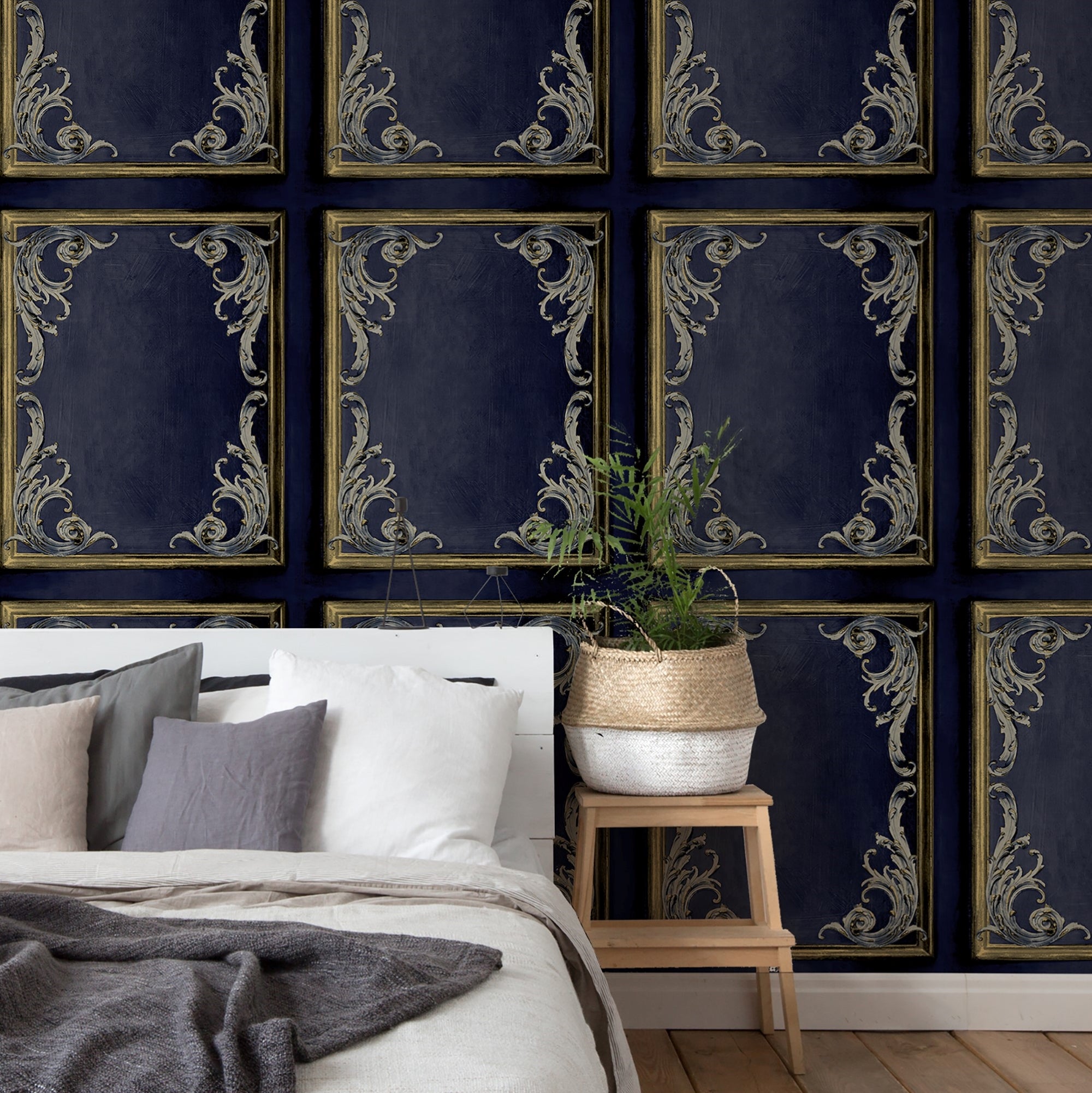 Moneypenny Wallpaper Collection - Rococo Panel Navy | 191502
