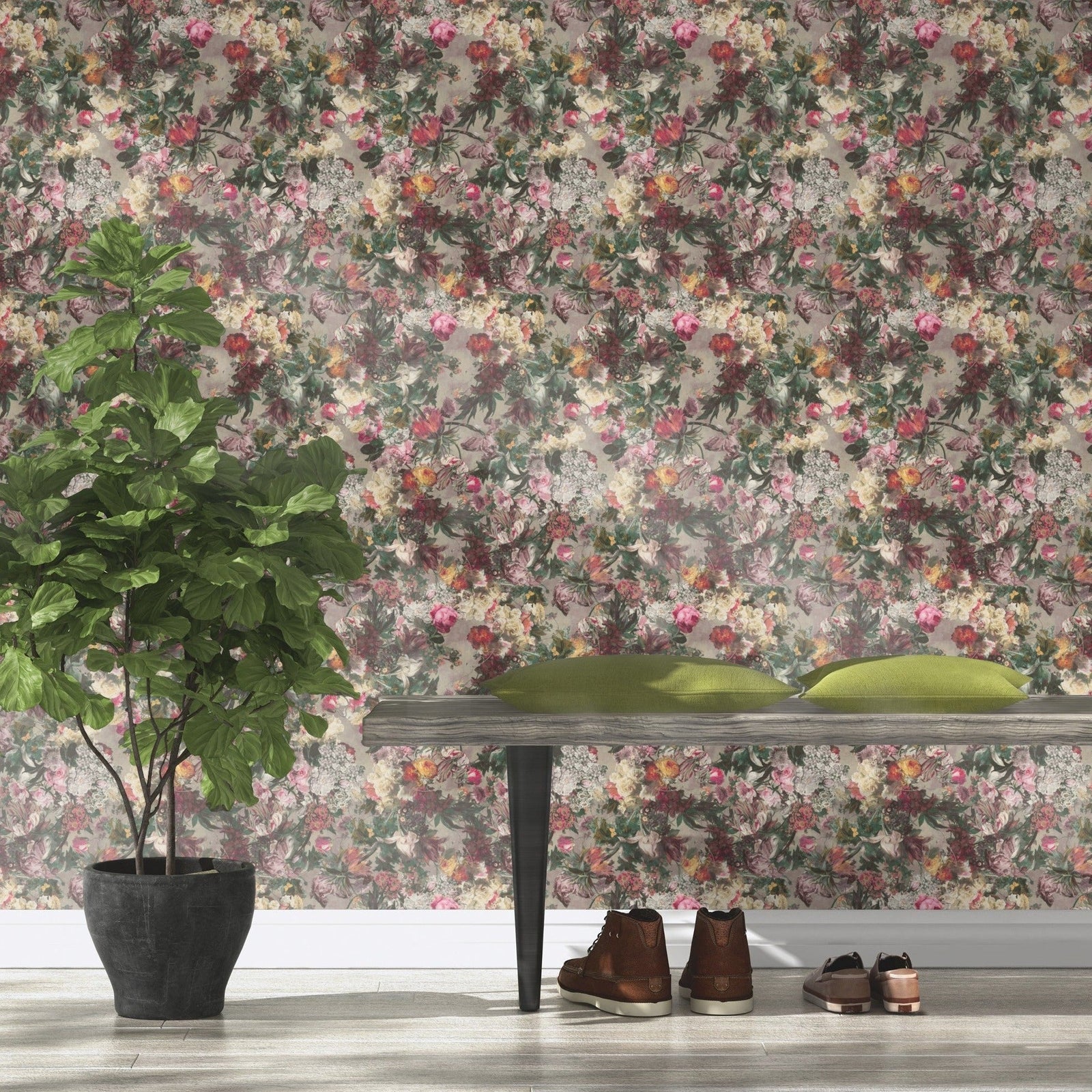 Passepartout Floral Pink/Grey Wallpaper Close-up