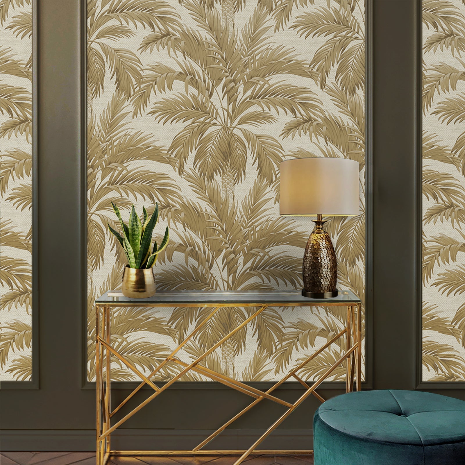 Palm Tree Gold Wallpaper in Living Room